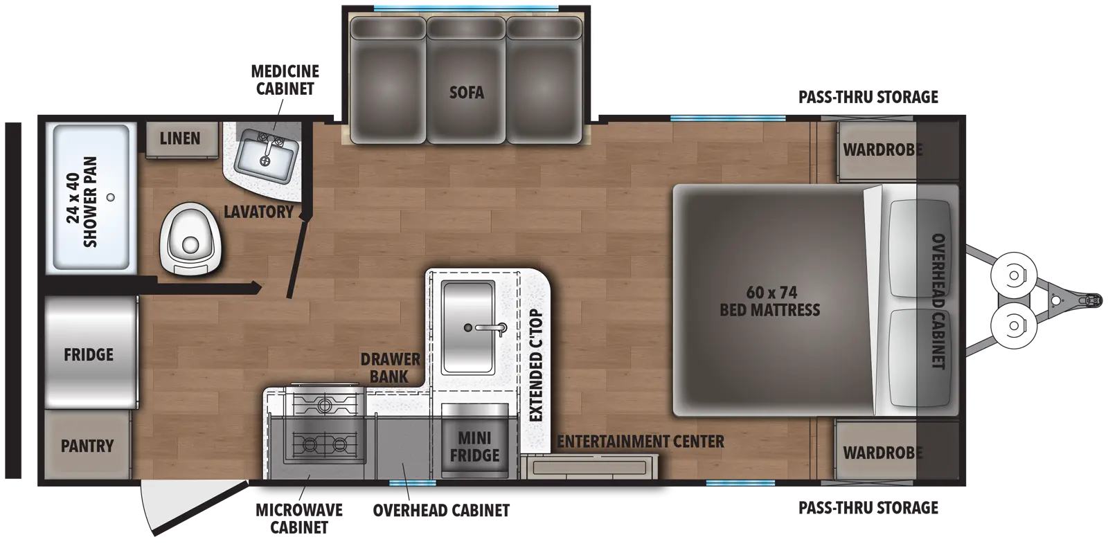 The 20RB has one slide out on the off-door side and one entry door on the door side. Interior layout from front to back: bedroom with foot facing queen bed; kitchen living dining area with off-door side slide out containing sofa; kitchen containing single basin sink, microwave cabinet, cook top stove, overhead cabinet; pantry, refrigerator and rear full bathroom.